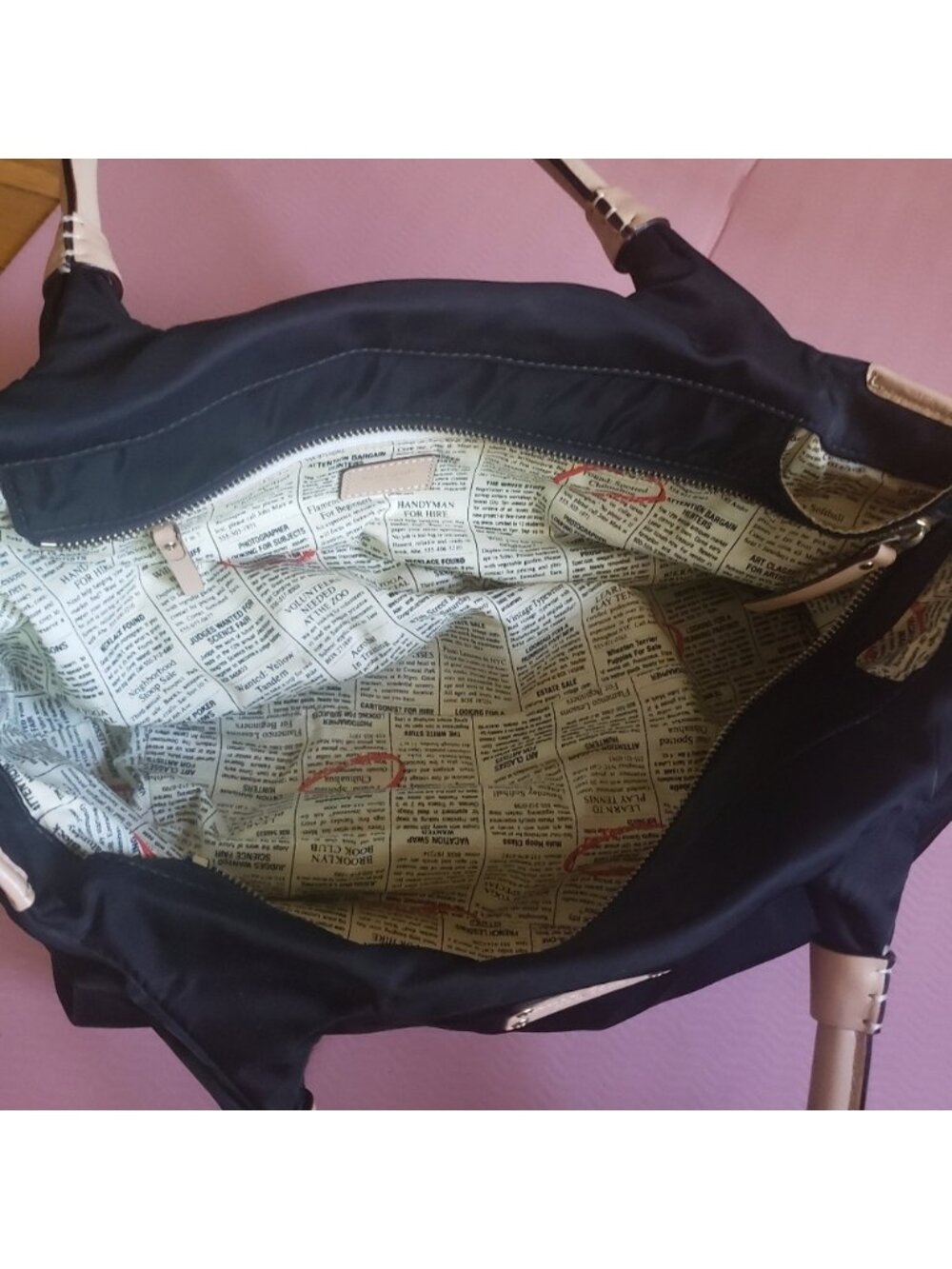 Kate Spade Black Nylon Stevie Satchel Bag Tan Leather Y2K Newspaper Print